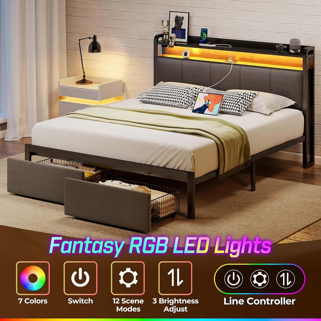 Rolanstar Bed Frame Queen Size with Charging Station and LED Lights, Upholstered Headboard with Storage Shelves, Heavy Duty Metal Slats, No Box Spring Need, Noise Free, Easy Assembly, Dark Grey