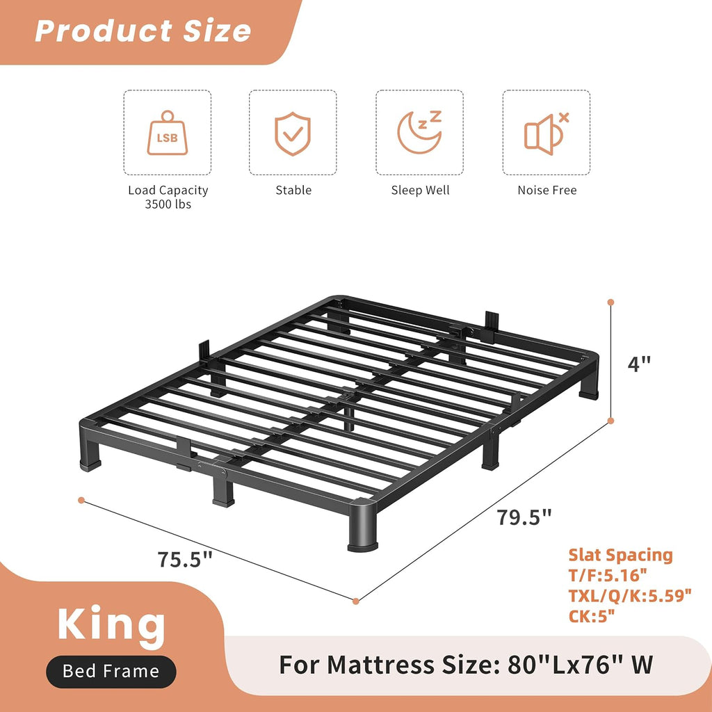 VIPSHOW 4 Inch King Heavy Duty 3500 lbs Bed Frame with Round-Corner Legs & Anti-Squeak Design – Quick Assembly Metal Platform, No Box Spring Needed