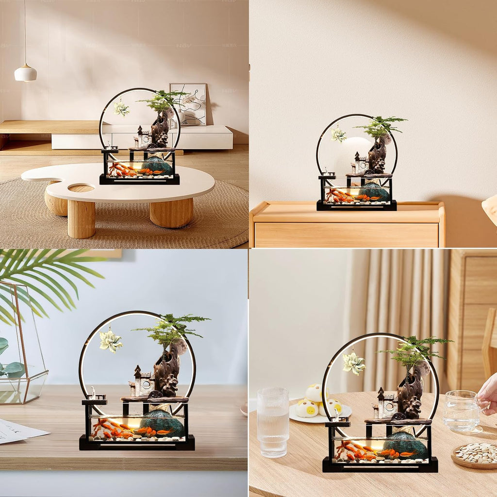 Desktop Ceramic Water Fountain Fish Tank - Adjustable Water Flow with LED Lights | Indoor Decoration Fortune Gifts+15 PCS Free Crystals (Style 1)