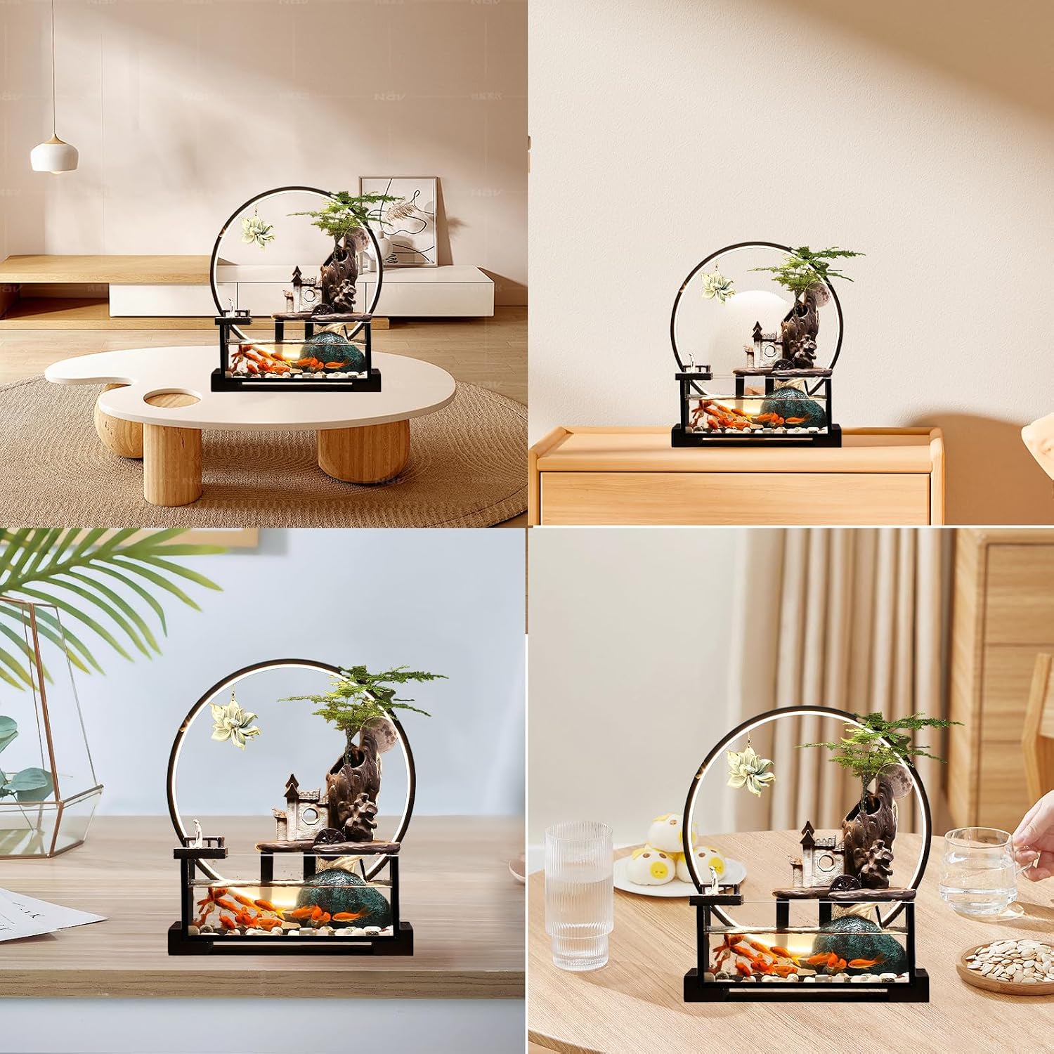 Desktop Ceramic Water Fountain Fish Tank - Adjustable Water Flow with LED Lights | Indoor Decoration Fortune Gifts+15 PCS Free Crystals (Style 1)