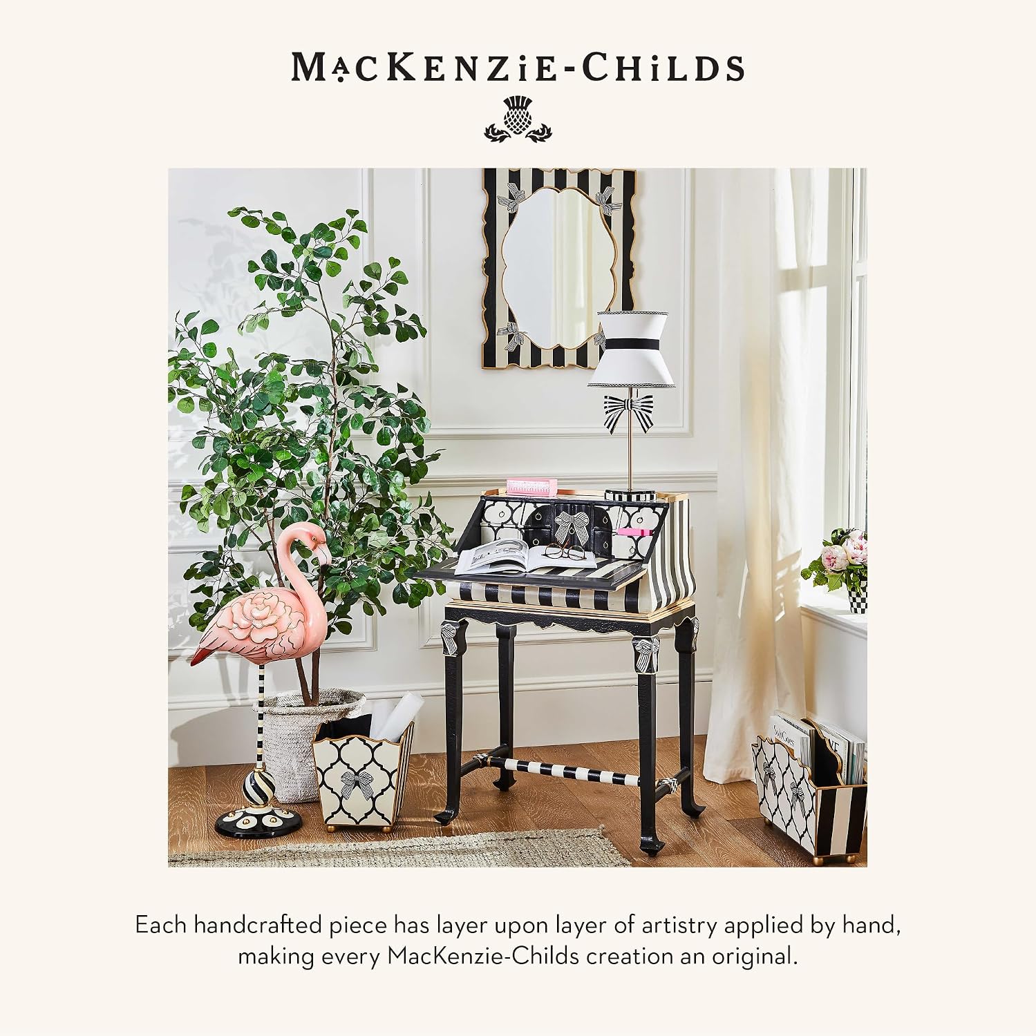 MACKENZIE-CHILDS Wood Waste Bin, Decorative Wastebasket for Bedroom and Bathroom Trash or Storage, Pretty as a Bow