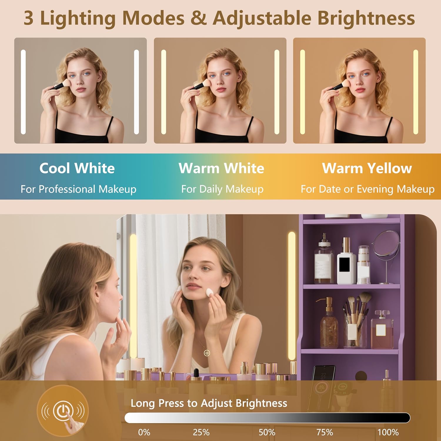 App & Button Controlled RGB Vanity with Arc Mirror, Small Makeup Vanity Table Set with Drawers & Chair, 3 Lighting Modes & Adjustable Brightness with Power Outlet, Vanity for Women Girls Bedroom