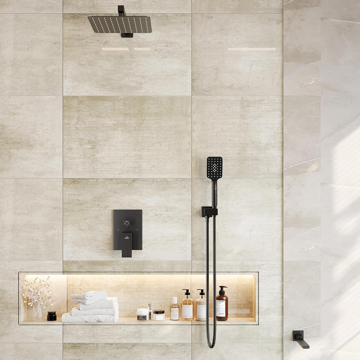 CASAINC Rain Shower Head with Handheld Spray, Tub Shower Faucets Set with Pre-embedded Valve Square Waterfall Shower Head System (12 Inch Wall Mounted, Matte Black)