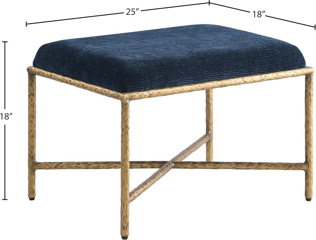 Meridian Furniture 22061Navy Valley Collection Modern | Contemporary Bench with Soft Navy Chenille Fabric, Brushed Brass Forged Iron Metal Legs and Frame, 25' W x 18' D x 18' H, Navy