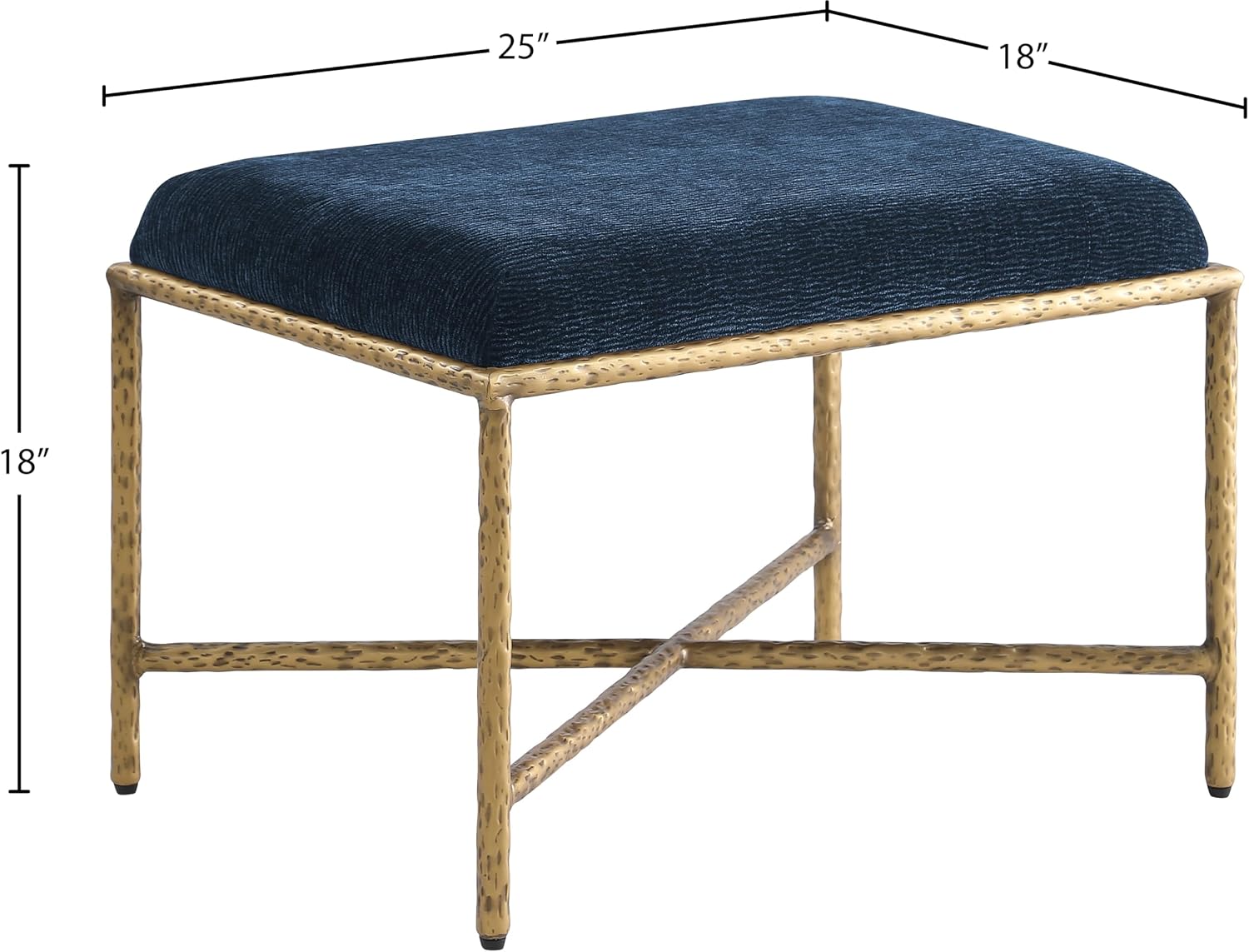 Meridian Furniture 22061Navy Valley Collection Modern | Contemporary Bench with Soft Navy Chenille Fabric, Brushed Brass Forged Iron Metal Legs and Frame, 25' W x 18' D x 18' H, Navy
