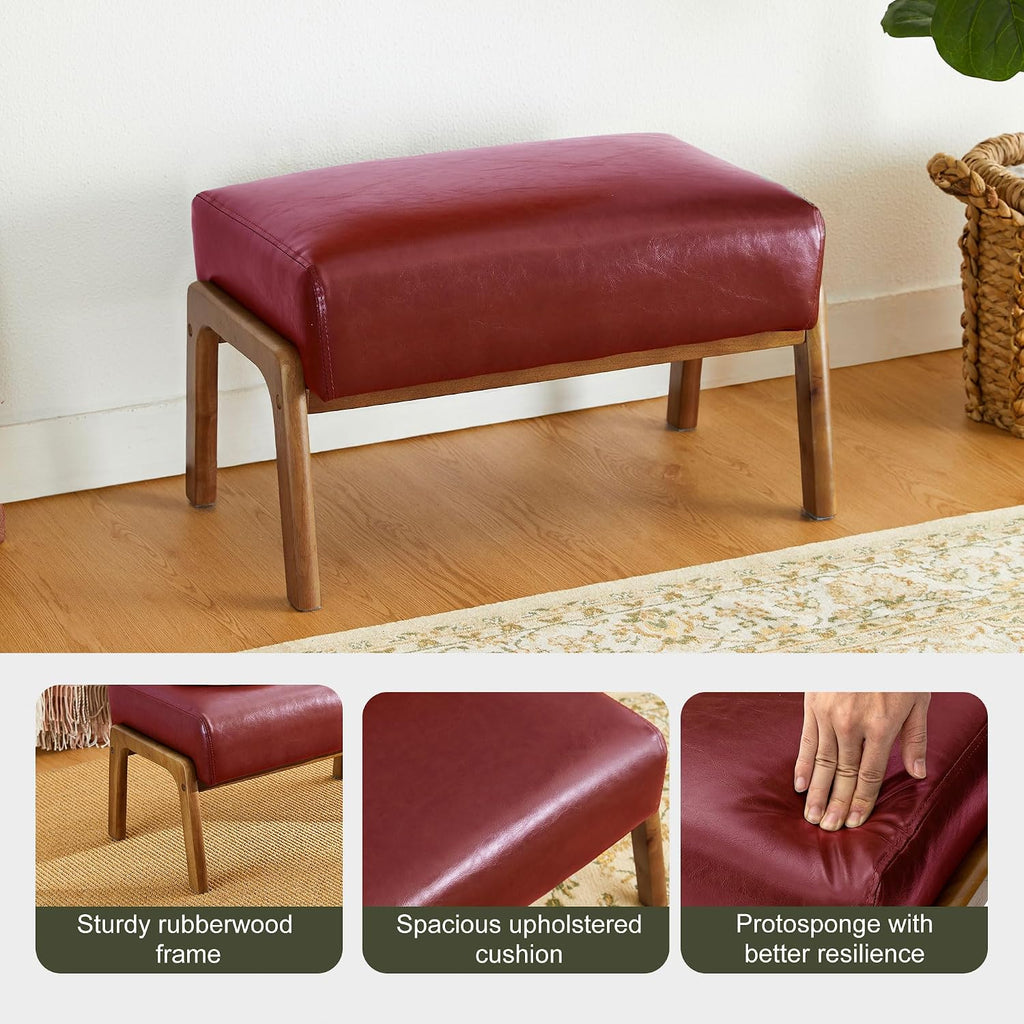 Glitzhome 2 Set Foot Stool Ottoman, Modern Leatherette Sofa Stool Vanity Chair with Rubber Wood Frame, Footrest Ottoman Bench for Living Room, Entryway, Wine Red