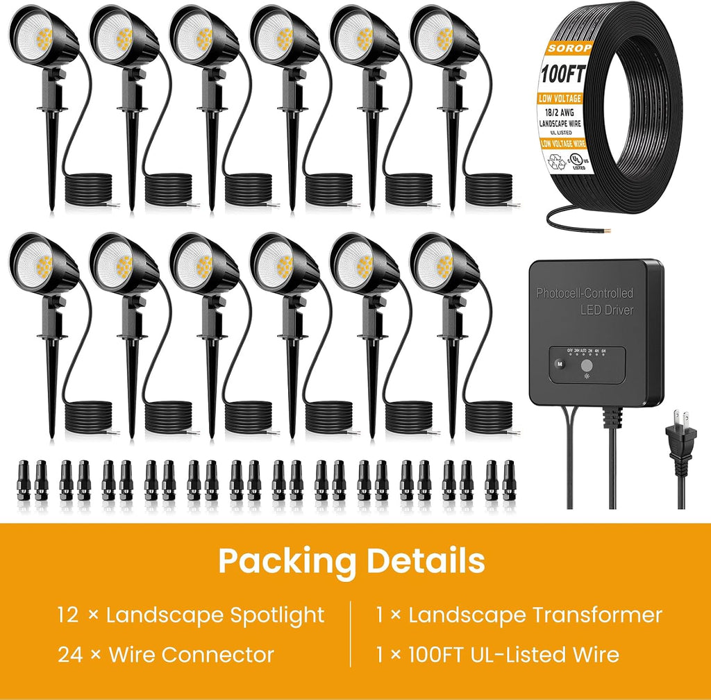 12W Landscape Lighting Kit, Low Voltage Landscape Lights with Transformer 100FT UL-Listed Wire & Connectors, 2700K Waterproof Outdoor Spot Lights for Yard House Tree 12V-24V 12Pack