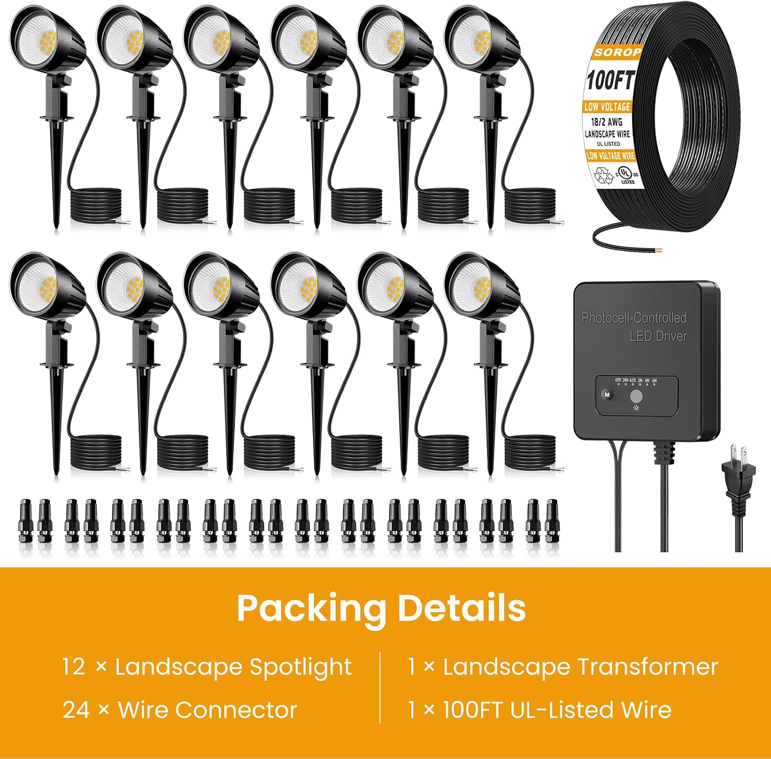 12W Landscape Lighting Kit, Low Voltage Landscape Lights with Transformer 100FT UL-Listed Wire & Connectors, 2700K Waterproof Outdoor Spot Lights for Yard House Tree 12V-24V 12Pack