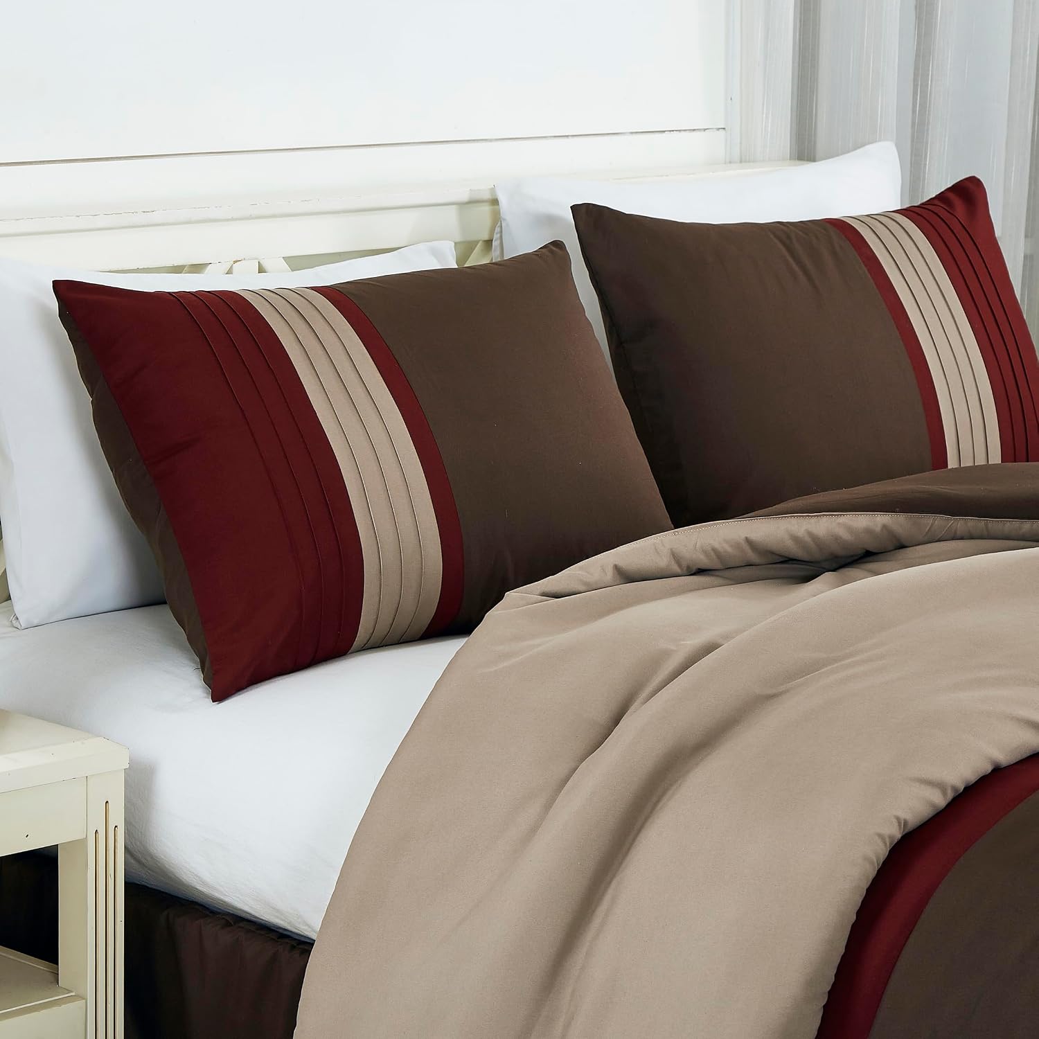 Chezmoi Collection Napa 7-Piece Luxury Leaves Scroll Embroidery Bedding Comforter Set (Oversized King, Burgundy/Taupe/Brown)