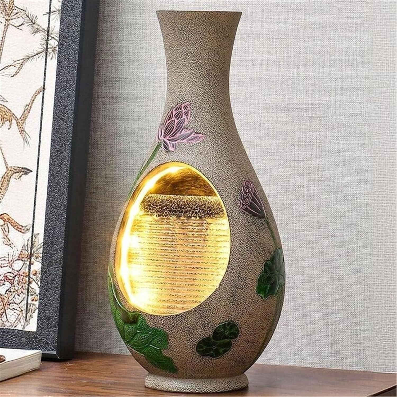 Tabletop Fountain Chinese Style Vase Water Fountain Ornaments Living Room Tea Room Circulating Waterscape Decoration(Brown)