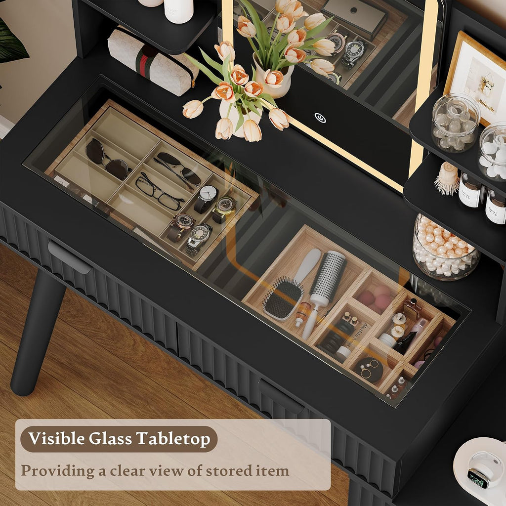 Vanity Desk With HD Lighted Mirror and Lights, Fluted Small Makeup Vanity with Storage Drawers & Shelves, Modern Dressing Table Set with Power Outlet & Glass Table Top for Women Girls Bedroom, Black