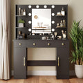 Wodeer Makeup Vanity Desk with Mirror and Lights, 43' Black Vanity Set with 3 Drawers, Power Outlet & Adjustable RGB LED Lights, Dressing Table with Storage Shelf for Women & Girls Bedroom