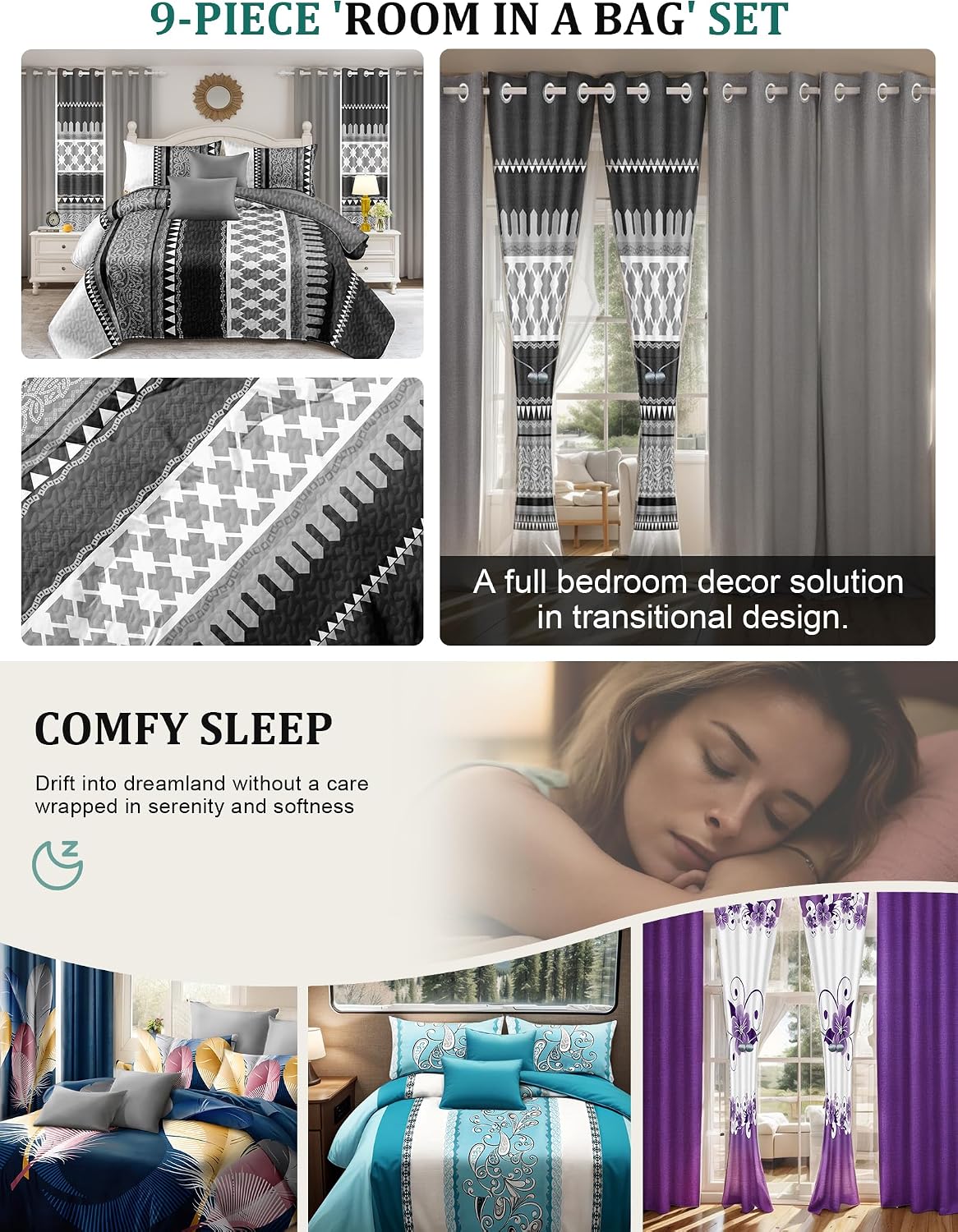 XinYunKeJiShop Reylox 9-Piece Cal King Comforter Set with Curtains | Purple Floral | Microfiber RV & Elegant Living