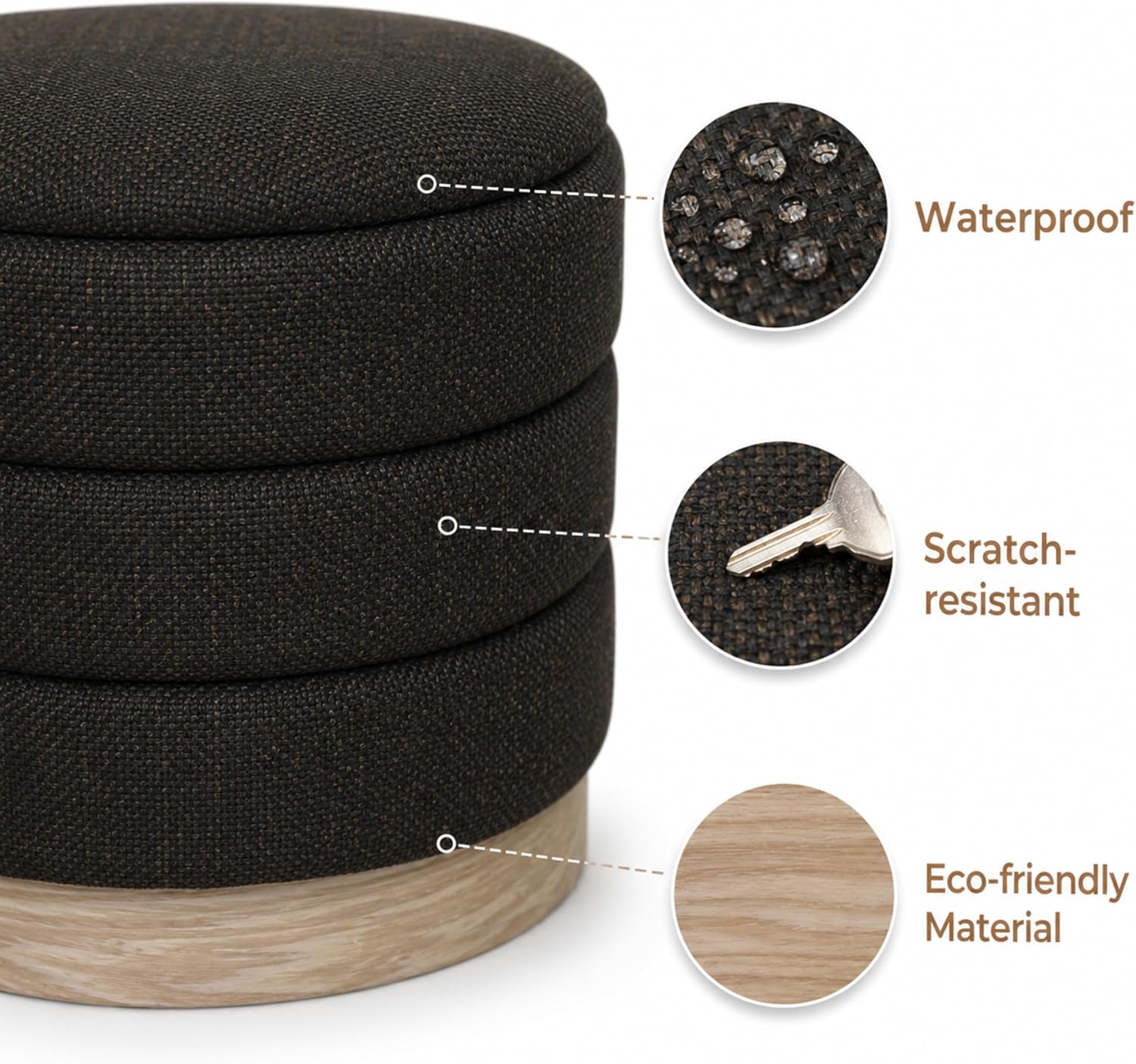 Ottoman Collection Stylish Linen Cylinder Storage Chocolate Round Footrest Vanity Stool Furniture Living Room Small Bench 16' L X16 W X 17' H