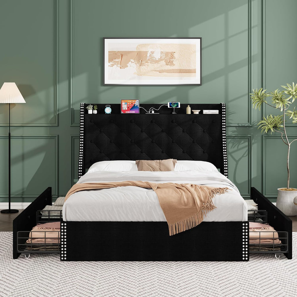 Upholstered Full Bed Frame with 4 Storage Drawers，Wingback Headboard with Charging Station, Diamond Stitched Button Tufted Design, No Box Spring Needed, Black
