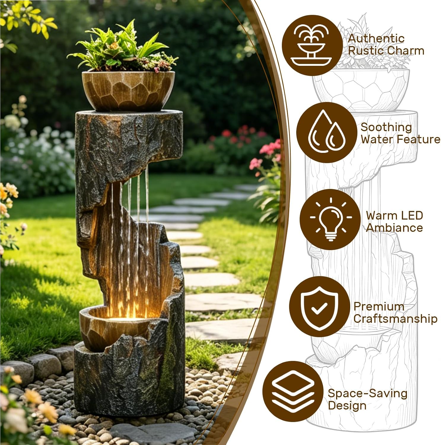 Sunlinua Outdoor Water Fountain with LED Light, Modern Spiral Tiered Outdoor Fountain with Wooden Planter Curved Freestanding Waterfall Fountains for Garden Patio Deck Porch