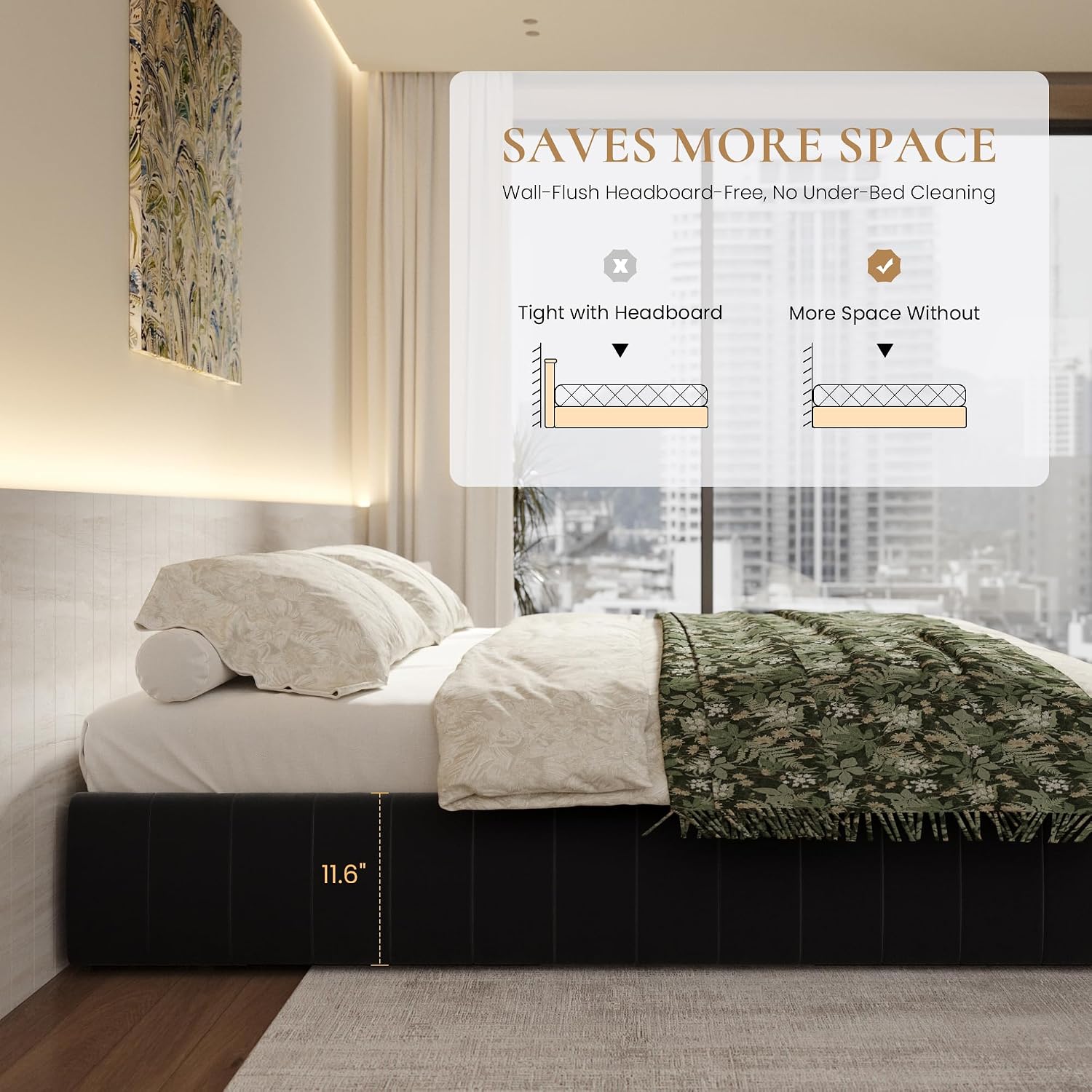 SHA CERLIN Queen Size Velvet Upholstered Platform Bed Frame with 4 Storage Drawers, Vertical Channel Tufted, Low Profile, Fits Standard Headboards, Wooden Slats Support, Easy Assembly, Black