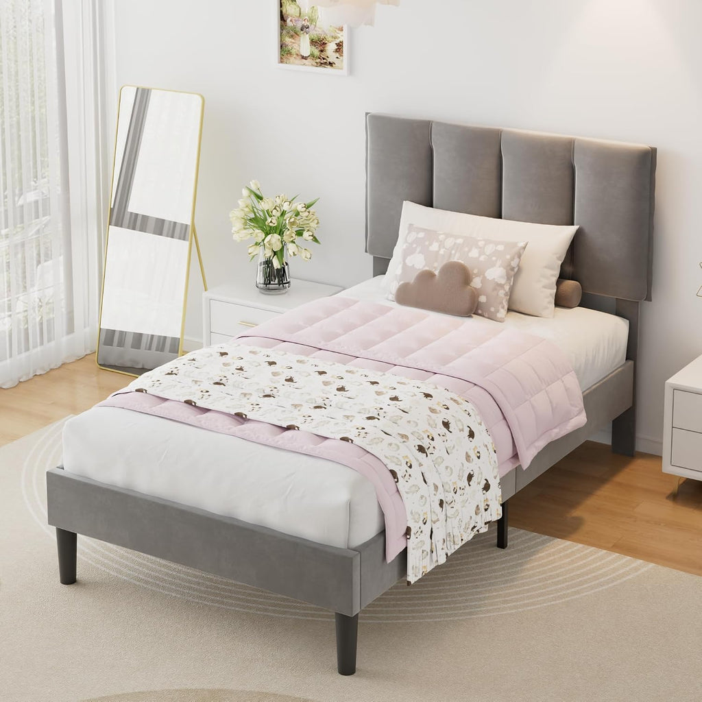 VECELO Twin Size Bed Frame with Upholstered Headboard, Heavy-Duty Bedframe with Wooden Slats & Steel Framework, Easy Assembly, Dark Grey