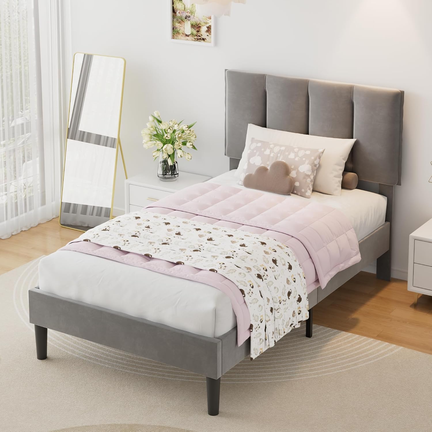 VECELO Twin Size Bed Frame with Upholstered Headboard, Heavy-Duty Bedframe with Wooden Slats & Steel Framework, Easy Assembly, Dark Grey