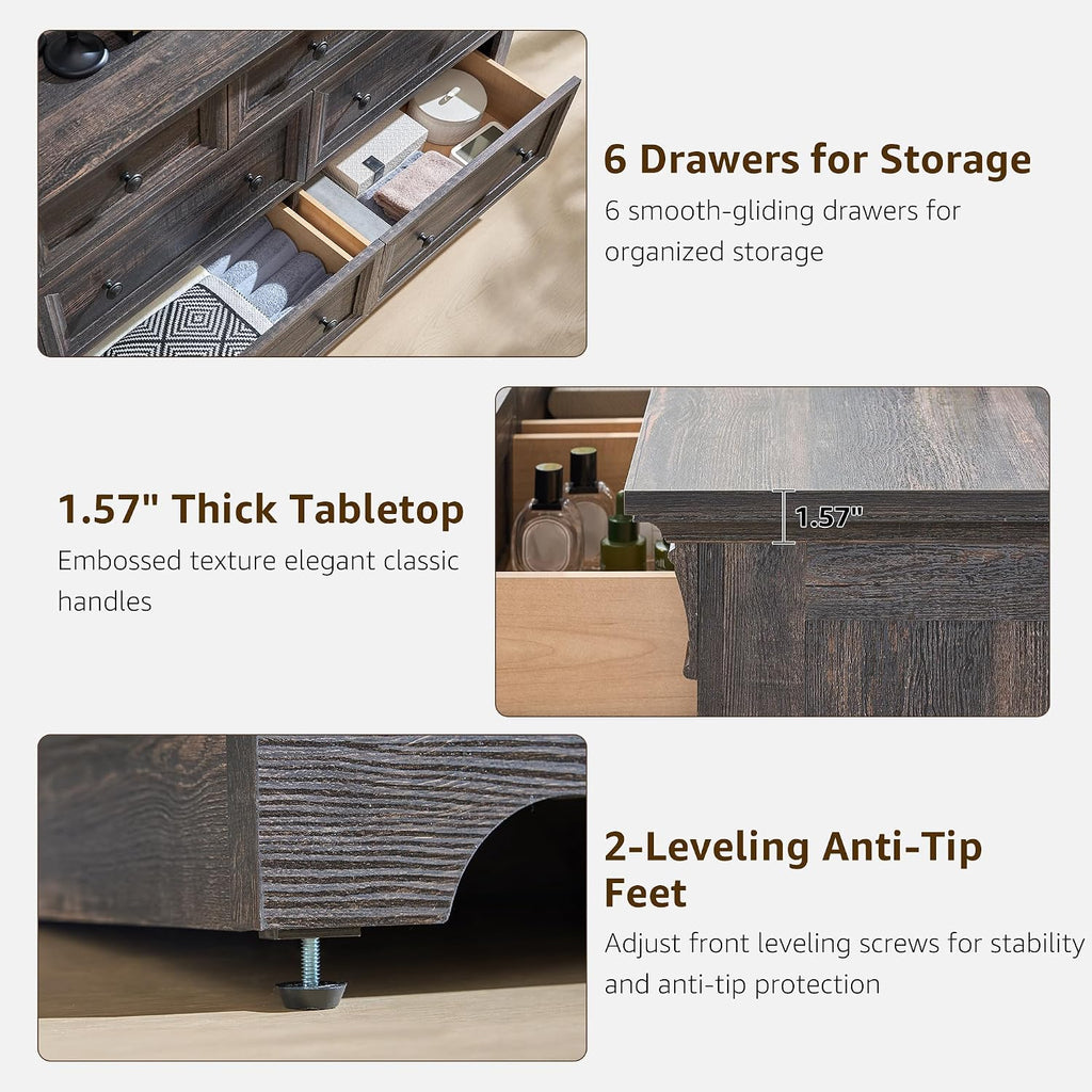 T4TREAM Farmhouse 7 Drawers Dresser for Bedroom, 54' Wide Wood Rustic Chest of Drawers w/Roman Column, Wooden Storage Dressers Organizer for Bedroom, Living Room, Closet, Dark Rustic Oak