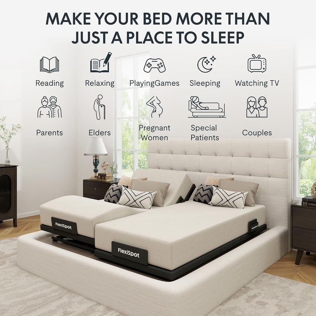 FLEXISPOT Adjustable Bed Frame Base Split King,Massage, Zero Clearance, Synchronized Adjustment,Whisper Quiet Durable Motor,Zero Gravity,Mattress Holders.