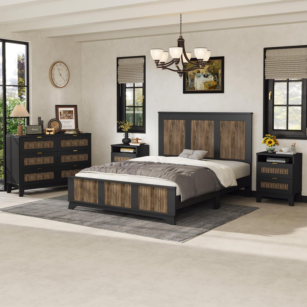 JIJIWANG 4-Pieces Bedroom Sets, Queen Size Farmhouse Platform Bed with Wooden Strip Stickers Decoration, Storage Nightstand and Dresser with Metal Handle, Black