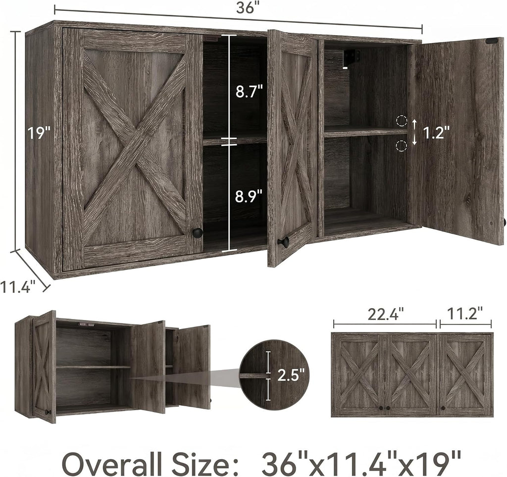 YOURLITE Laundry Cabinet, Medicine Cabinet, Bathroom Kitchen Storage Wall Mounted Farmhouse Organizer with Shelves Over Toilet, 36' Wide, Grey
