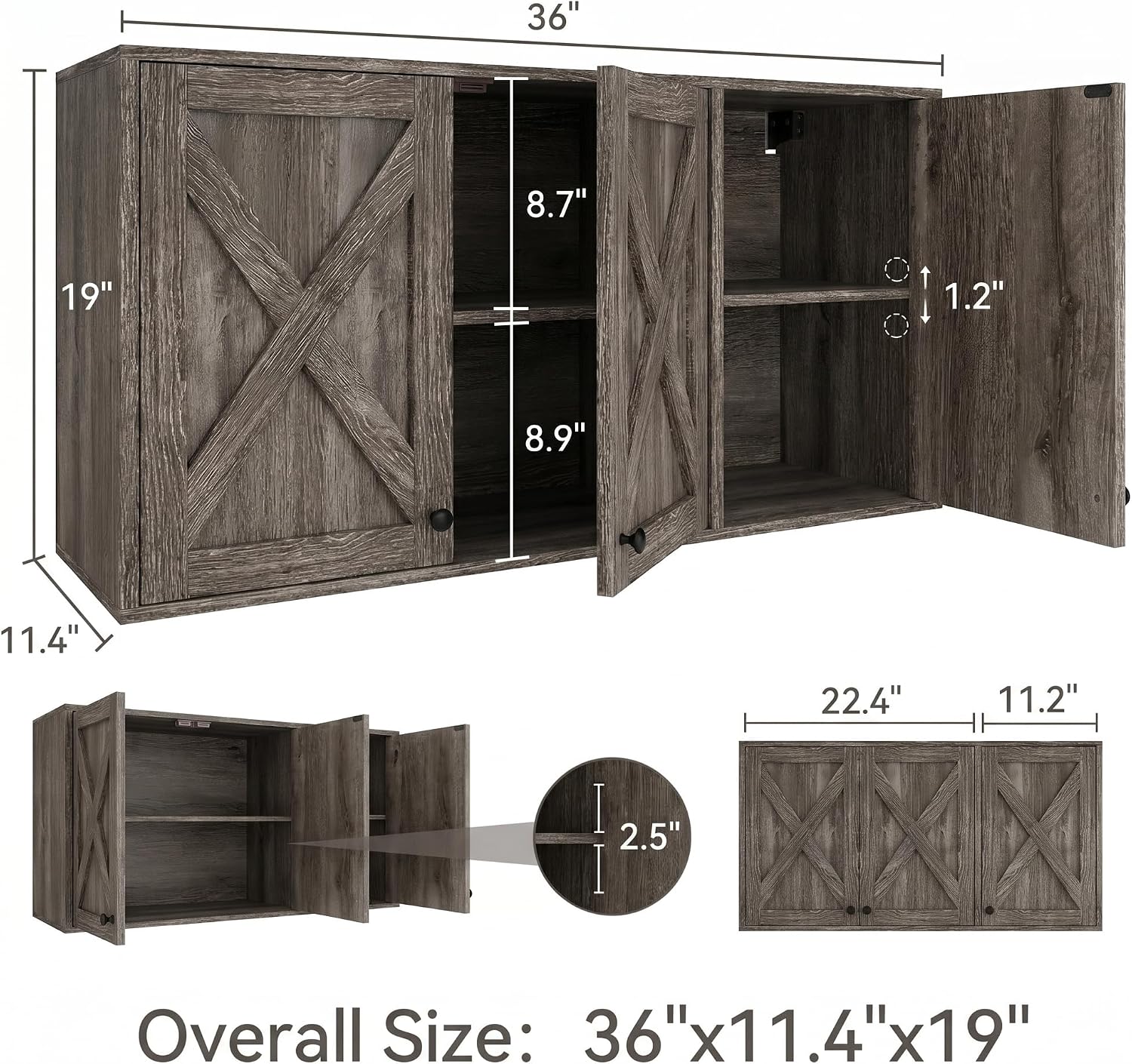 YOURLITE Laundry Cabinet, Medicine Cabinet, Bathroom Kitchen Storage Wall Mounted Farmhouse Organizer with Shelves Over Toilet, 36' Wide, Grey