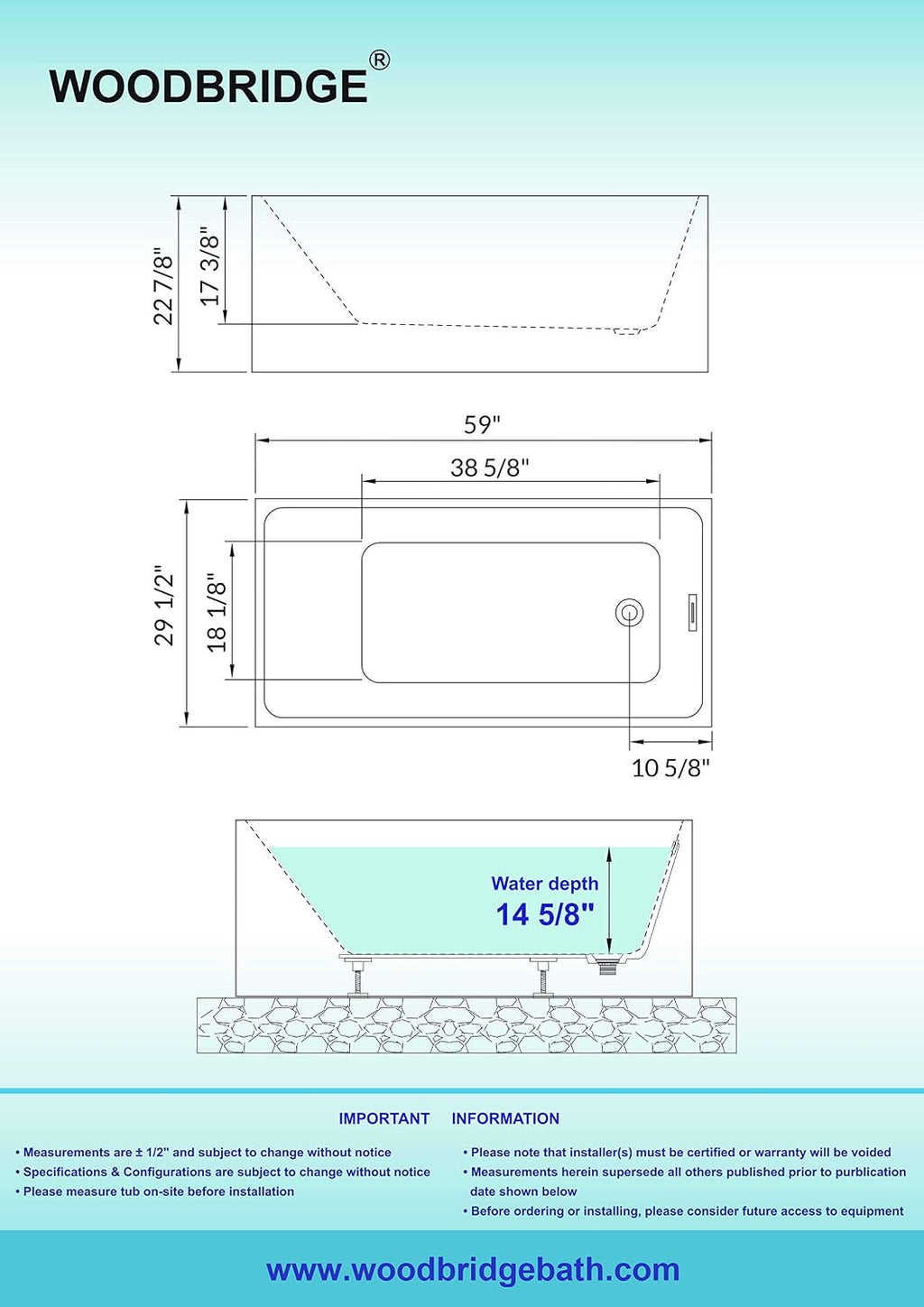 WOODBRIDGE 59' Acrylic Freestanding Bathtub Contemporary Soaking White Tub with Chrome Overflow and Drain，B0085-C-Drain&O