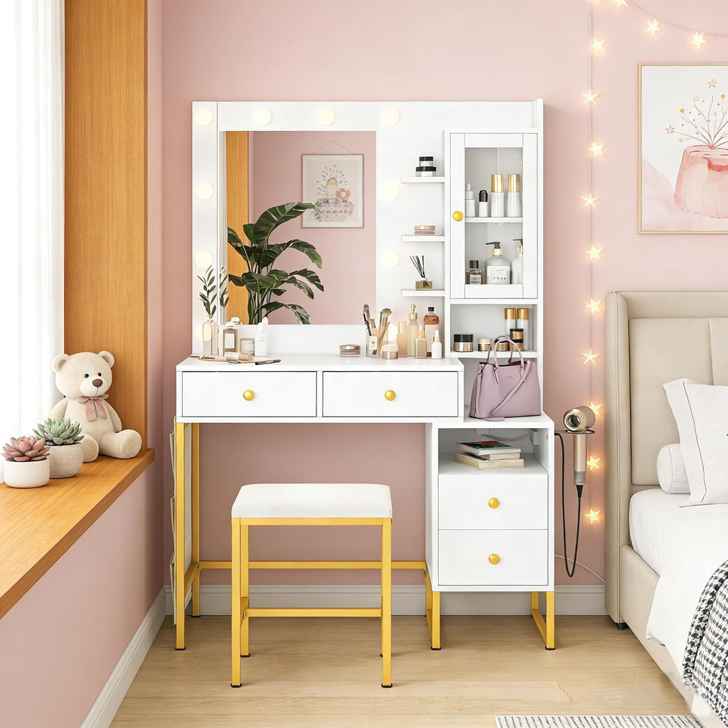 YIKEHOME 41' W Vanity Desk with Mirror, Makeup Vanity Set with Power Outlet and Comfortable Bench, Women Vanity for Bedroom White