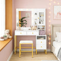 YIKEHOME 41' W Vanity Desk with Mirror, Makeup Vanity Set with Power Outlet and Comfortable Bench, Women Vanity for Bedroom White