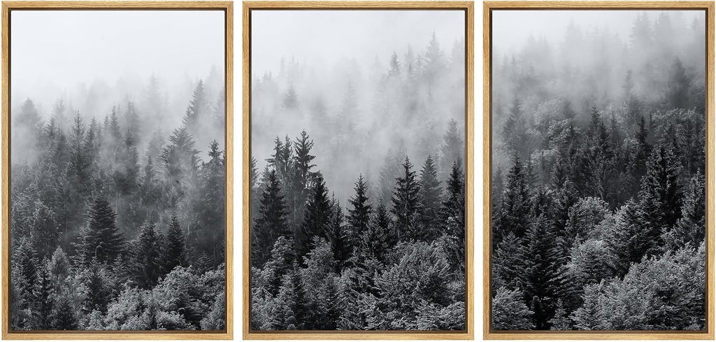 SIGNWIN Framed Canvas Print Wall Art Set Black & White Misty Mountain Forest Nature Wilderness Photography Modern Art Chic Landscape Relax/Calm for Living Room, Bedroom, Office - 16'x24'x3 Natural