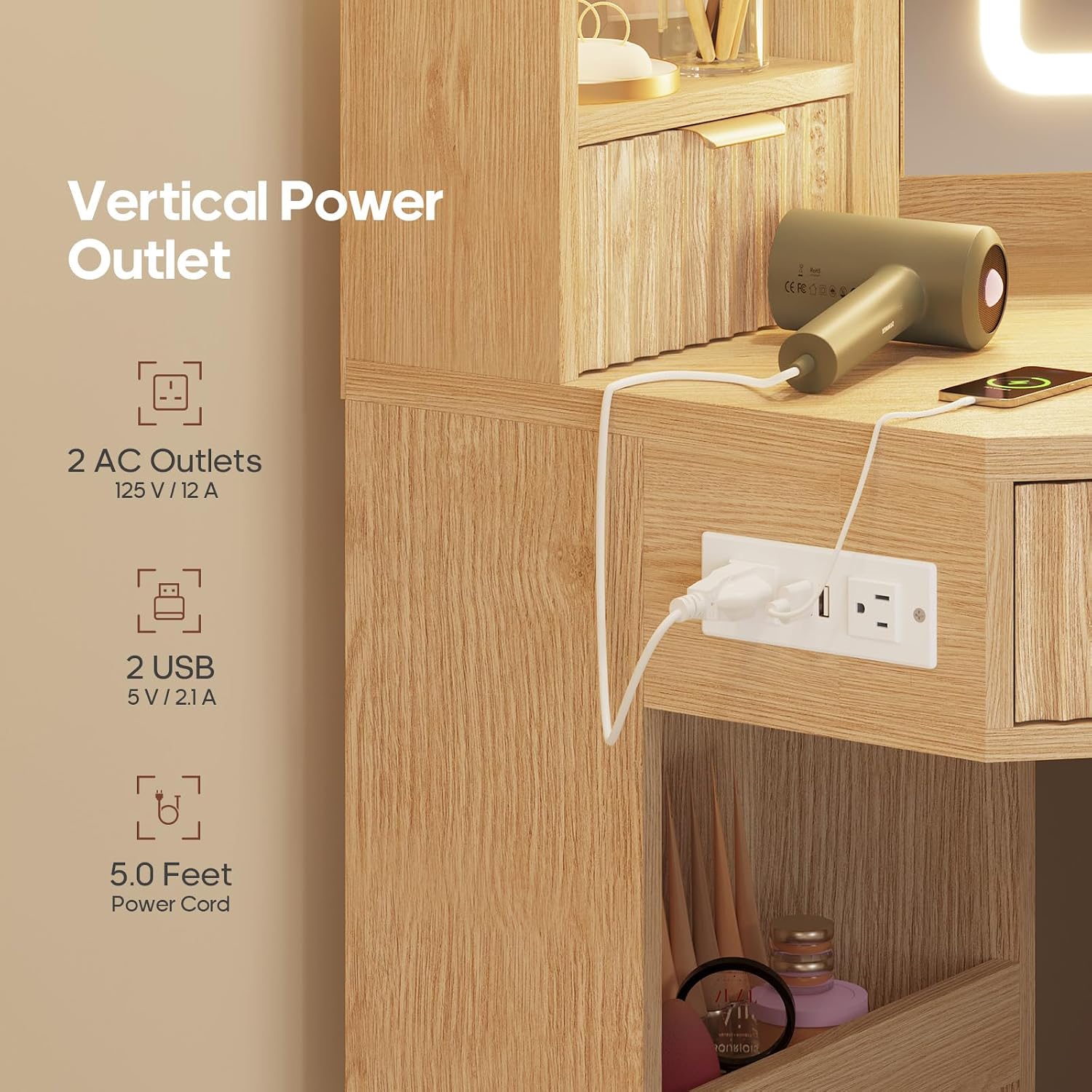 HAUOMS Fluted Corner Vanity Desk with Mirror Lights, Makeup Vanity with Charging Station, Drawers & Rotating Cabinets, Corner Vanity with Storage Bench, for Bedroom, Natural Wood