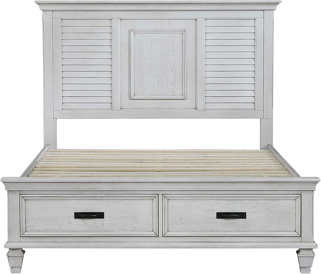 Coaster Home Furnishings Franco Farmhouse 4-Piece Bedroom Set Eastern King Size Storage Panel Bed Frame 57-inch Headboard Distressed White 205330KE-S4