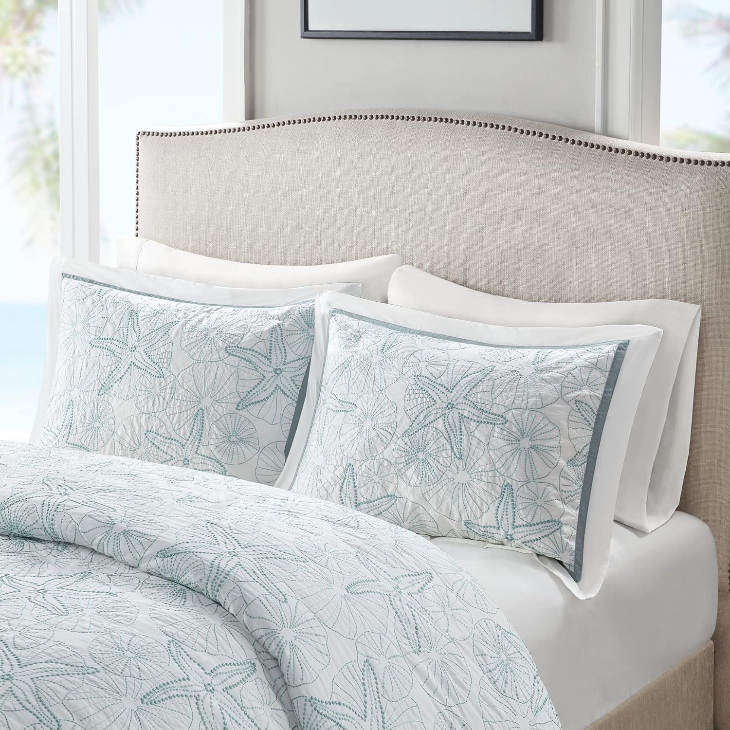 Harbor House 100% Cotton Duvet Cover, Embroidered Coastal Seashells, Starfish Duvet Cover Set – Light Weight Bed Comforter Covers, Maya Bay White Blue King/Cal King (106'x90') 3 Piece