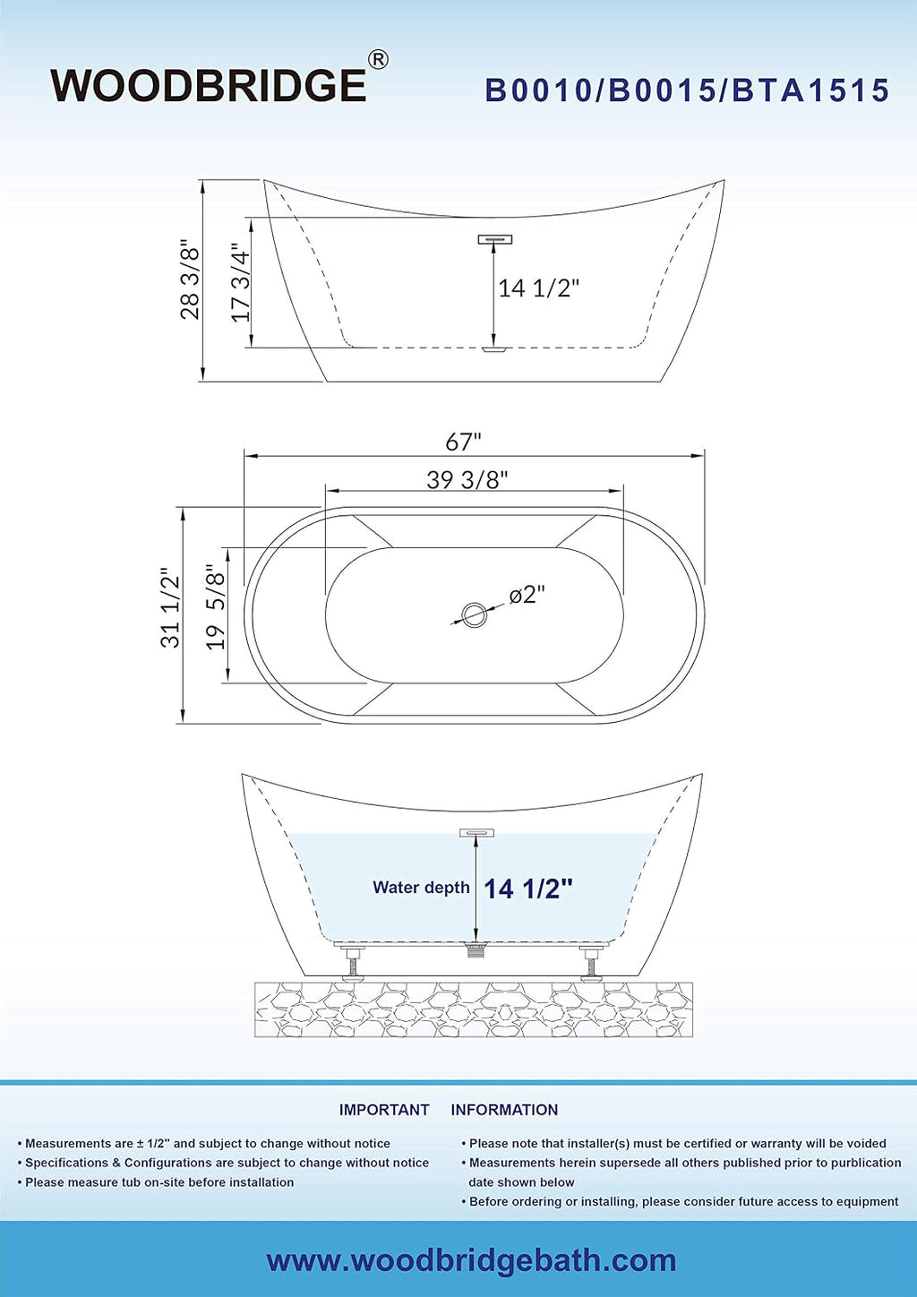 WOODBRIDGE 67' Acrylic Freestanding Bathtub Contemporary Soaking White Tub with Oil Rubbed Bronze Overflow and Drain，BTA1515-ORB-Drain&O