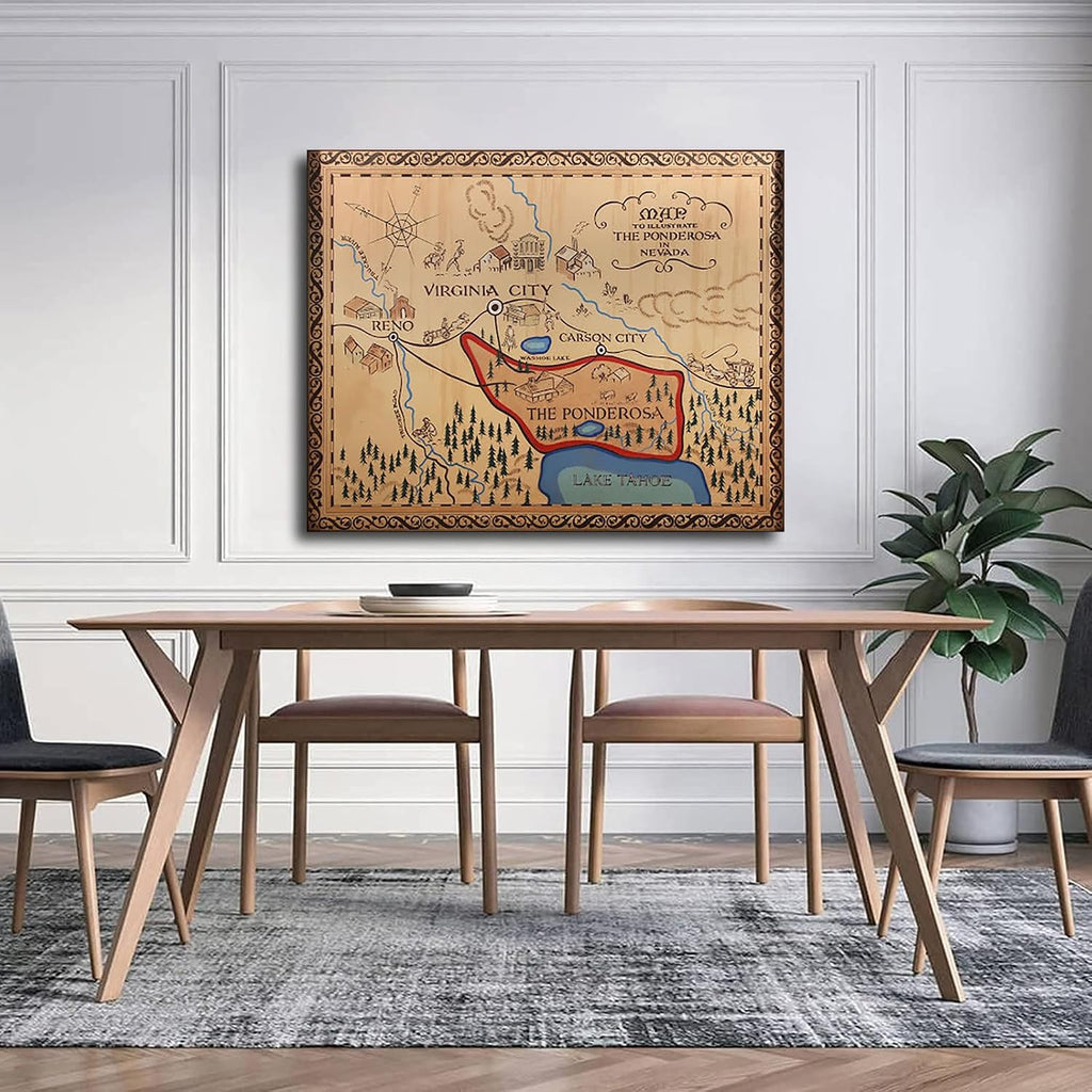 Bonanza Map Reproduction Ponderosa Nevada Art Poster Canvas Print Wall Art Picture Indoor Bedroom Living Room Aesthetic Artwork Garage Cafe Decorative (24×36inch Framed)