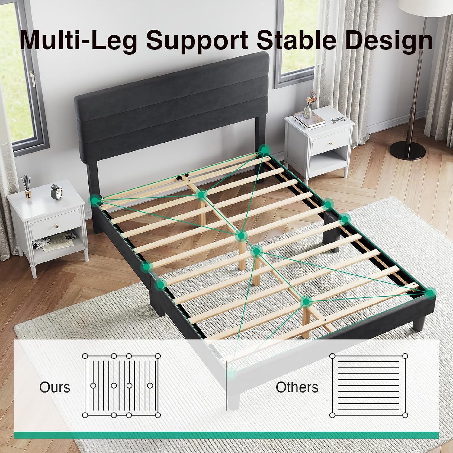 Novilla Queen Bed Frame, Queen Size Bed Frame with Wooden Slats Support, Velvet Upholstered Stripe Headboard, No Box Spring Needed, Heavy Duty Feet, Easy Assembly, Black Velvet