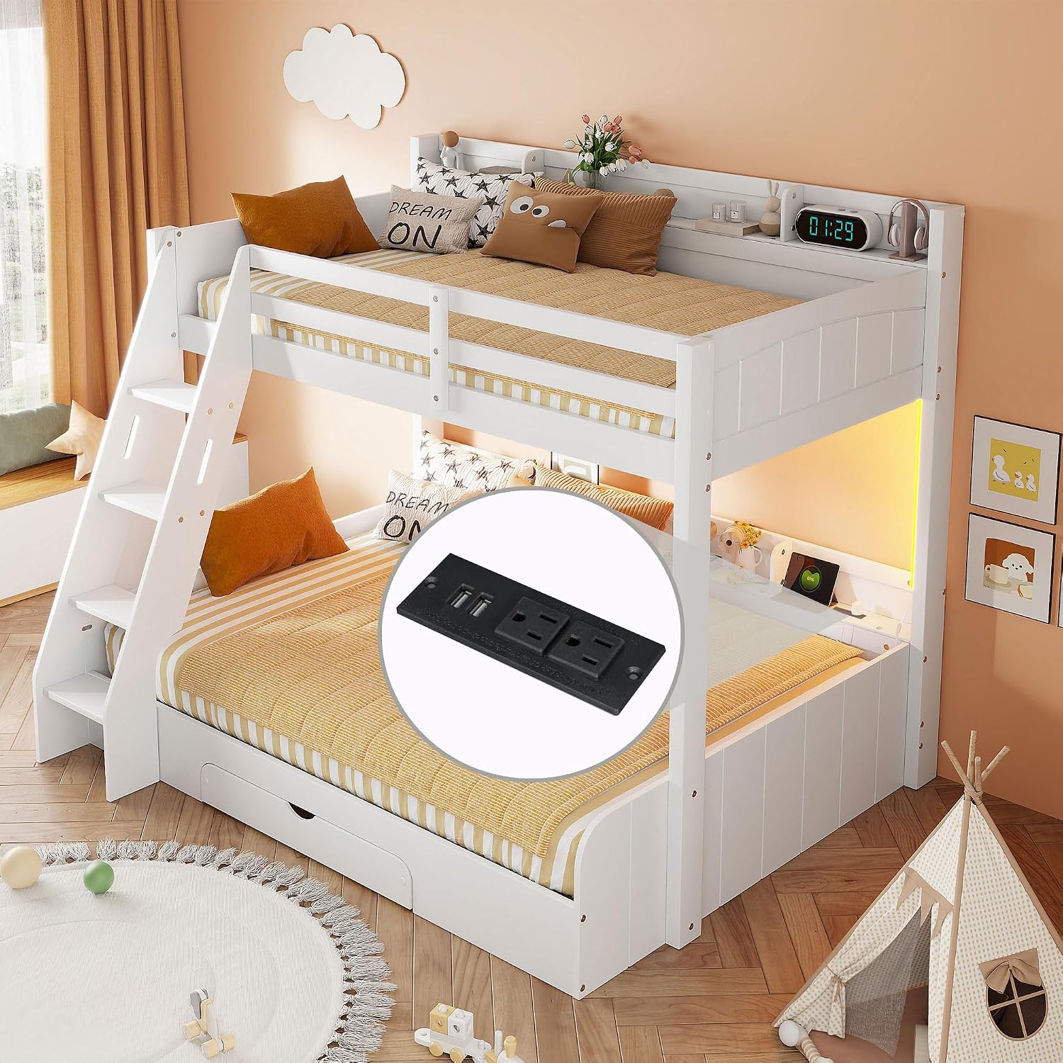 RUNNA Twin Over Full Bunk Bed with Storage Shelves, LED, Charging Station and a Drawer, Solid Wood Bunk Bed for Kids, Teens, Adults (White/LED)