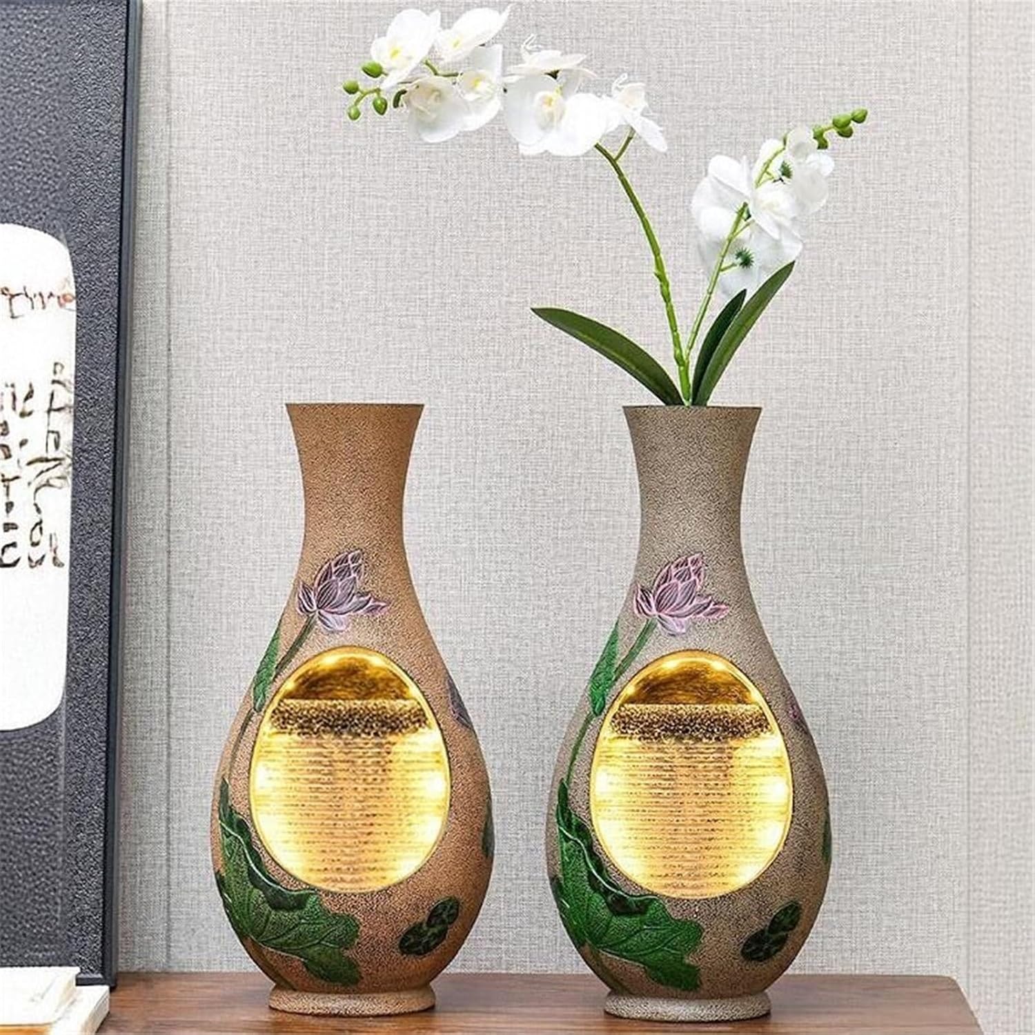 Tabletop Fountain Chinese Style Vase Water Fountain Ornaments Living Room Tea Room Circulating Waterscape Decoration(Beige)