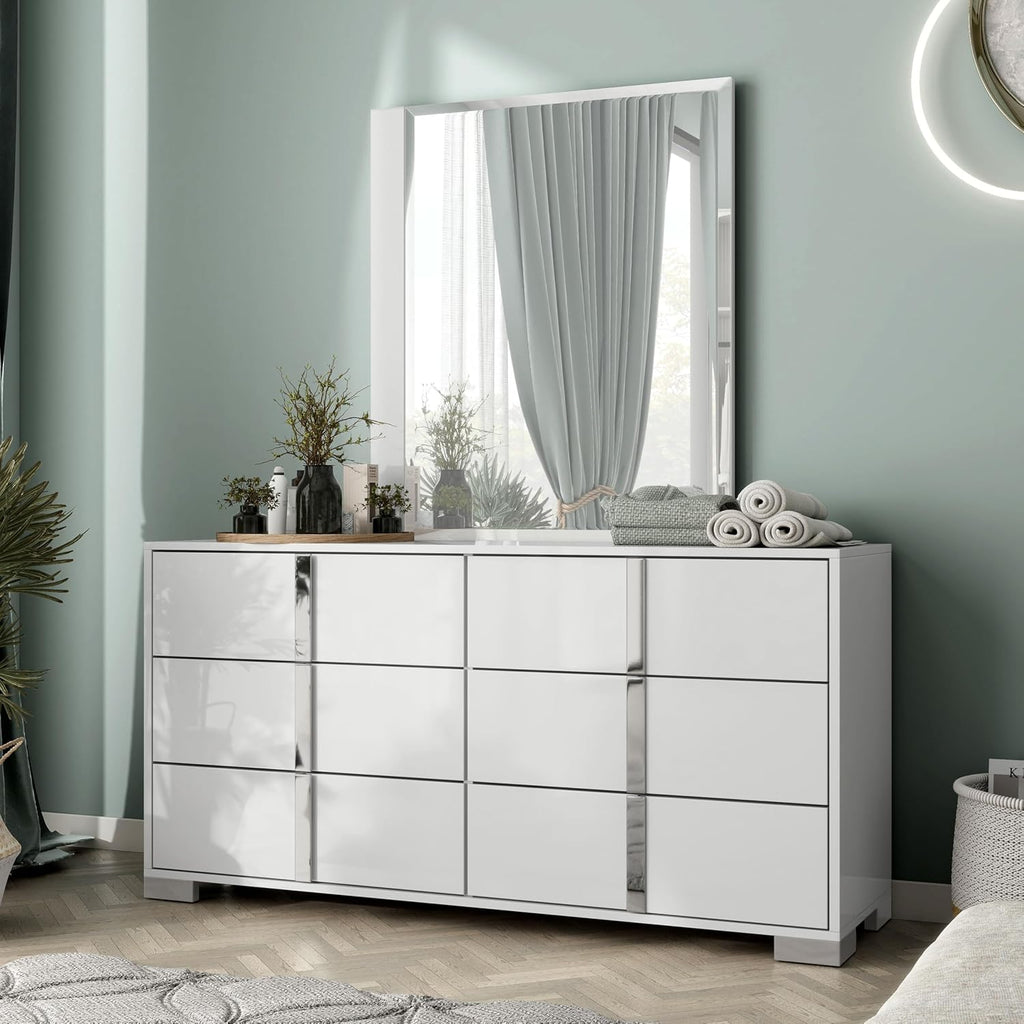 Furniture of America Alistair Modern Wood 5-Piece Bedroom Collection with Bed Frame, 2-Drawer Nightstands and 6-Drawer Dresser with Mirror, Box Spring Required,White, Queen