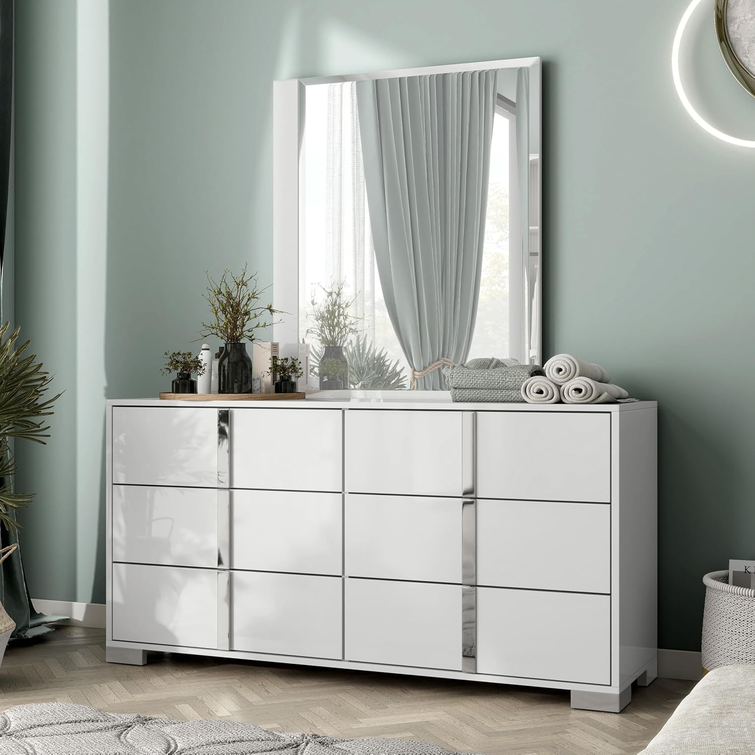 Furniture of America Alistair Modern Wood 5-Piece Bedroom Collection with Bed Frame, 2-Drawer Nightstands and 6-Drawer Dresser with Mirror, Box Spring Required,White, Queen