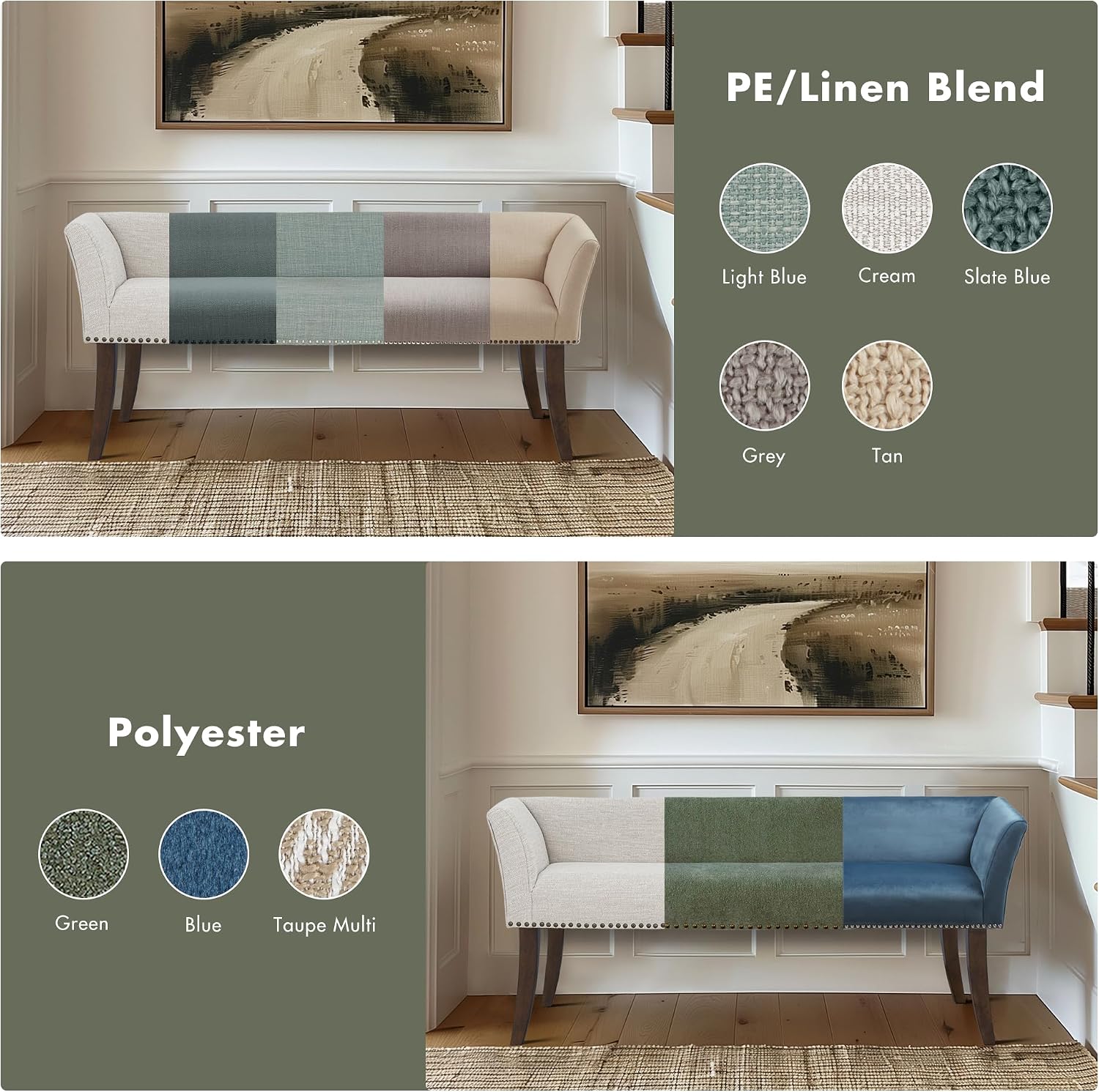 Madison Park Accent Bench, Plush Upholstered, Nailhead Trim, & Padded Seat Entryway Bench Small, End of Bed Bench with Back, 49.5' W x 19.25' D x 23' H, Green