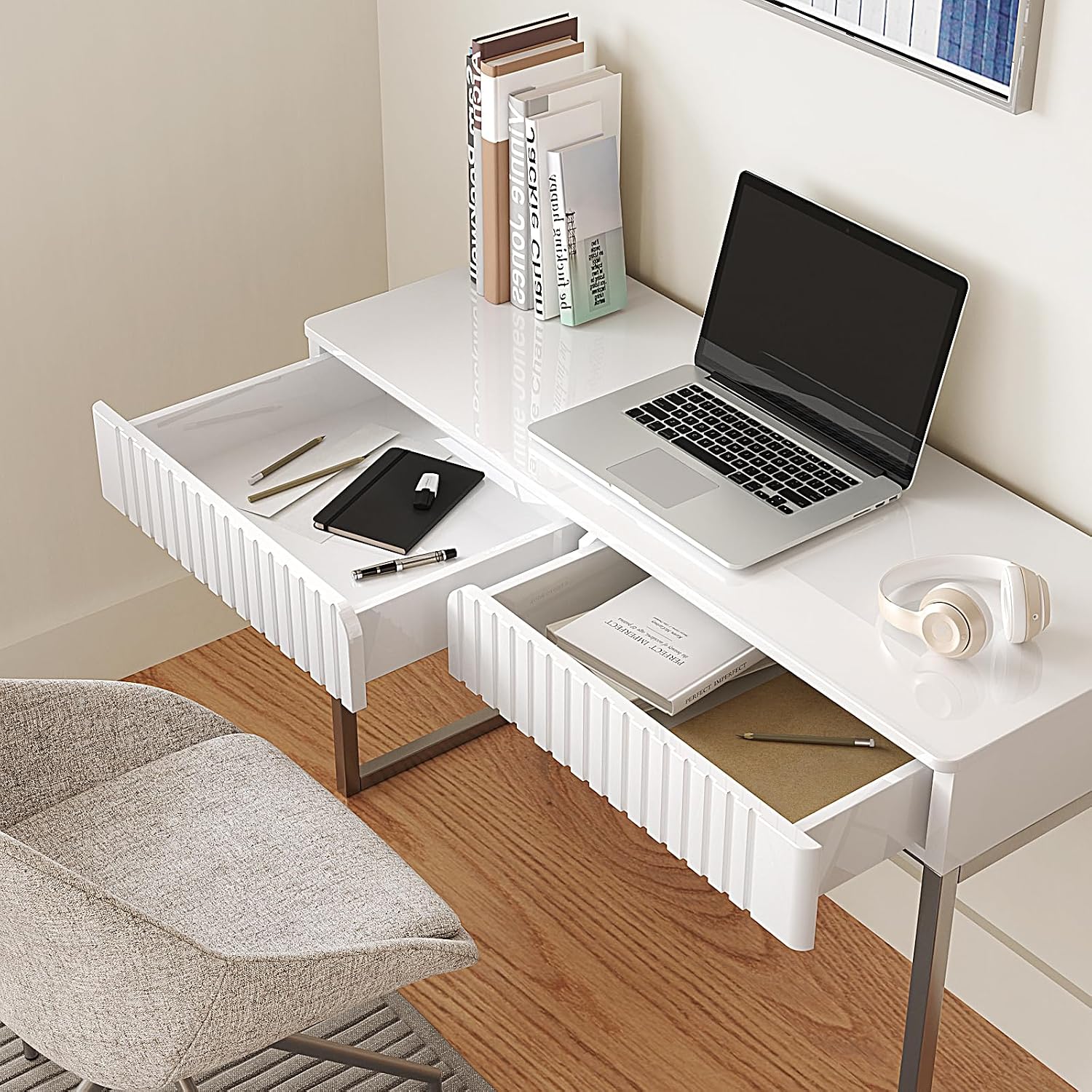 Tamworth Design Modern Multi-Purpose Desk, White & Antique Brass, 43' L x 15.75' W, 2 Large Drawers, Computer/Vanity/Study, Adult Size