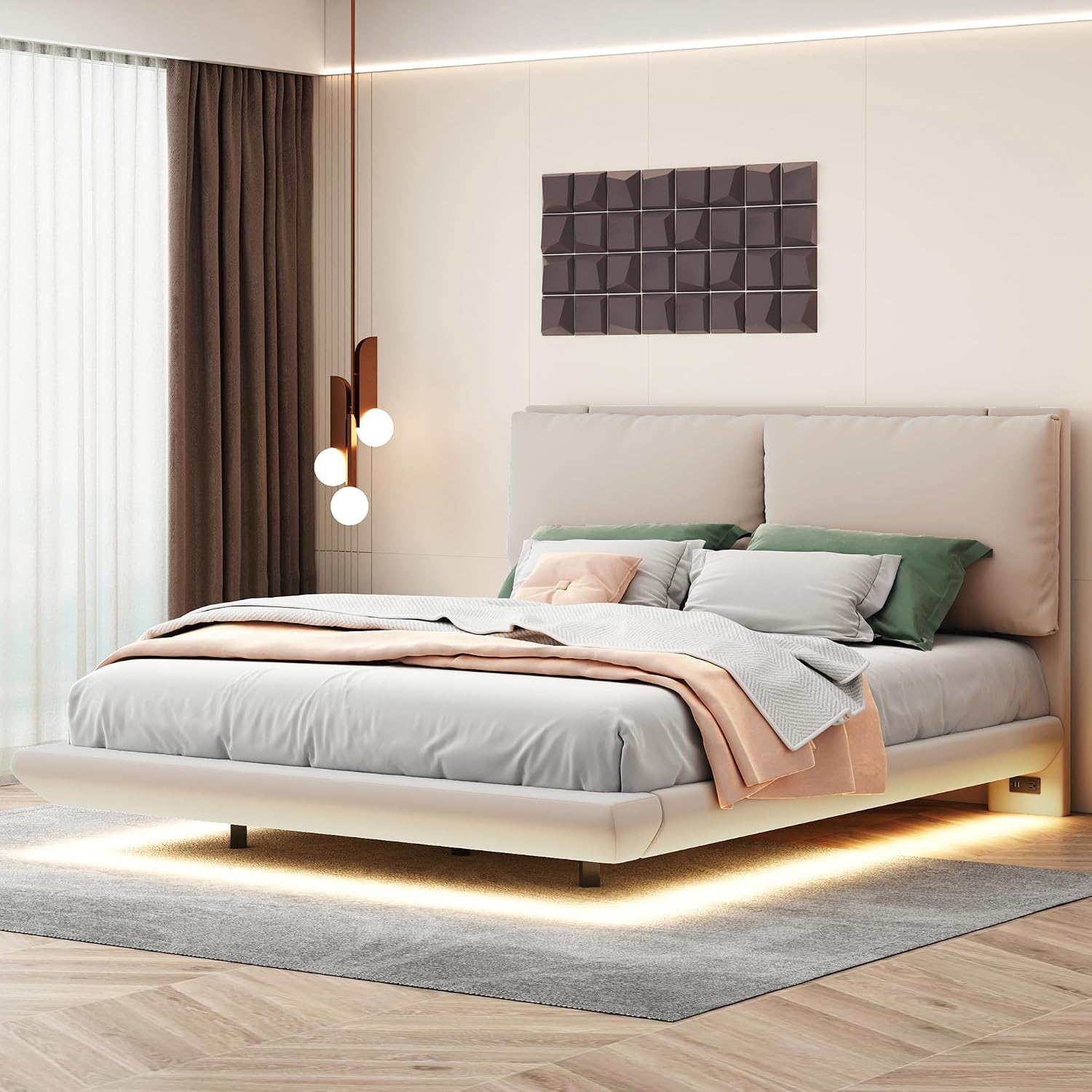 Ball & Cast Queen Size Floating Bed Frame,Velvet Upholstered Platform Bed with Sensor Light and 2 Large Backrests,Two Sets of USB Port,Slat Support,No Box Spring Needed,for Apartment,Bedroom,Beige