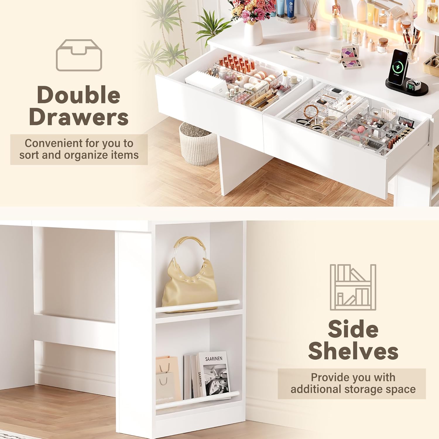 YESHOMY 35.4' Vanity Desk with LED Mirror and Lights,Makeup Vanity Set with 2 Storage Drawers, 2 Side Shelves, 1 Storage Bench and Open Storage Shelves, 3 Color Modes, for Bedroom, Classic White