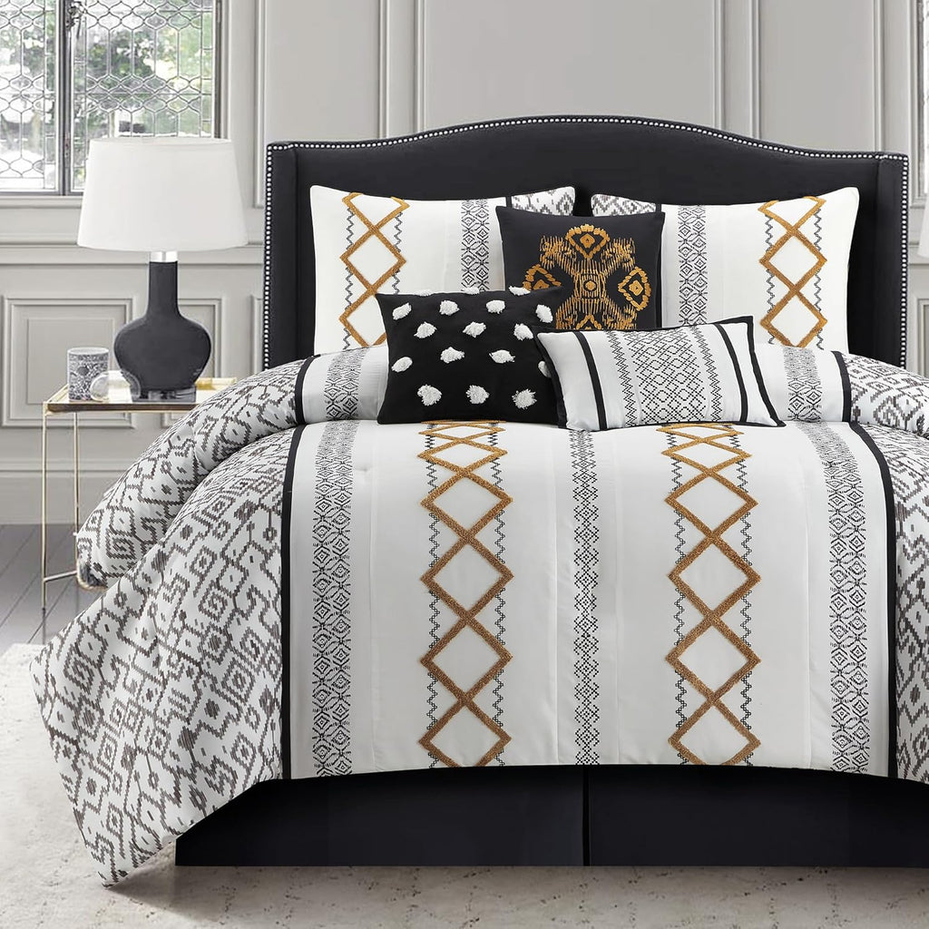 LANCO MODERN LIFESTYLE Black Gold King Comforter Set, 7 Pieces All Season Bedding Sets in a Bag with Geometric Terry Embroidered Comforter, Bed Skirt, Pillow Shams and Decorative Pillows