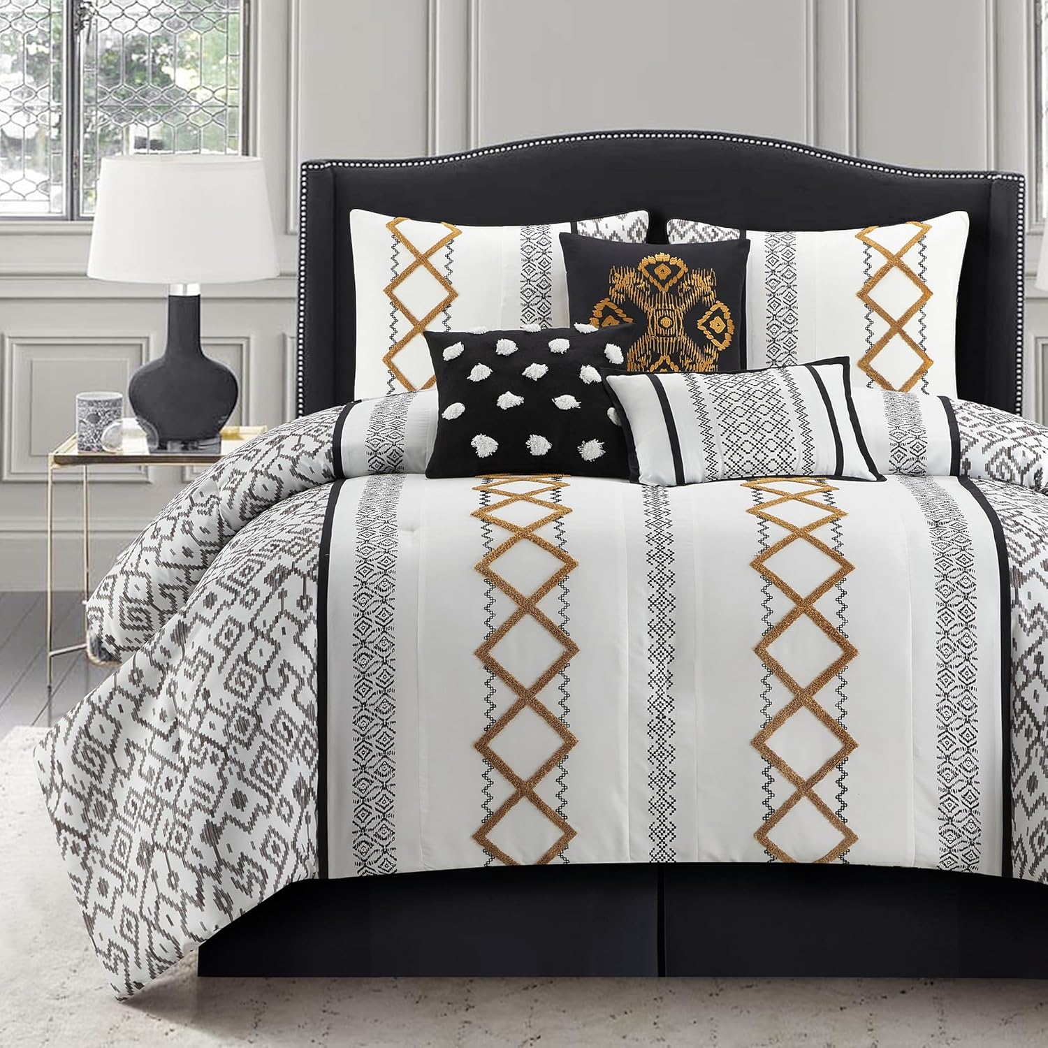 LANCO MODERN LIFESTYLE Black Gold King Comforter Set, 7 Pieces All Season Bedding Sets in a Bag with Geometric Terry Embroidered Comforter, Bed Skirt, Pillow Shams and Decorative Pillows