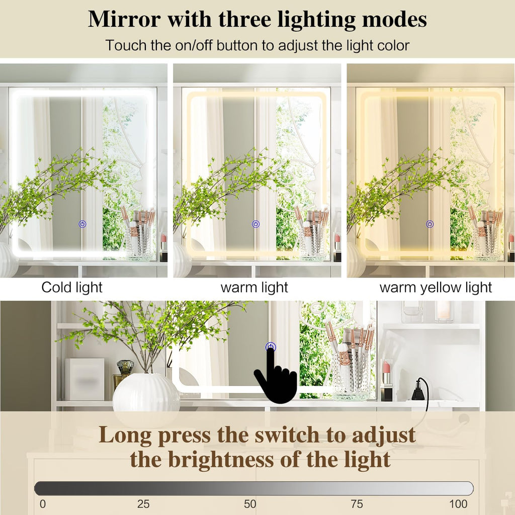 Ieejdn Makeup Vanity Desk with Mirror and Lights, Vanity Desk with 8 Drawers & Storage Shelves, Vanity Table with Power Outlet, 3 Color Modes & Adjustable Brightness Dressing Table, Bedroom,White