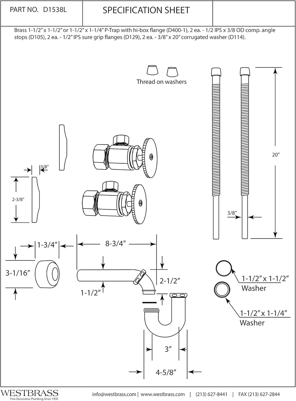 Westbrass D1538L-07 Pedestal Sink Lavatory Supply Line Kit with P-Trap and Round Handle Angle Stops, Satin Nickel